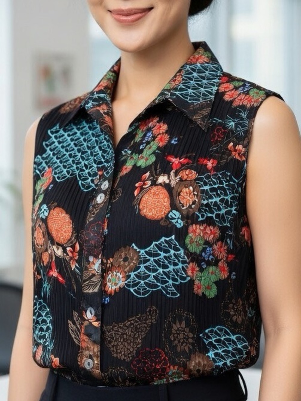 Sere Nade Floral Plisse Sleeveless Button-Down Blouse Art To Wear Boho Top L EUC - Picture 2 of 15